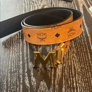 MCM Cognac Leather Belt with Gold Buckle